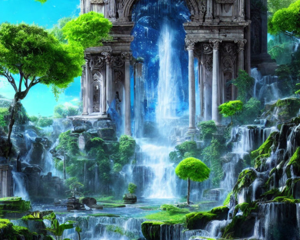 Mystical waterfall flowing through ancient stone archway in lush fantasy landscape
