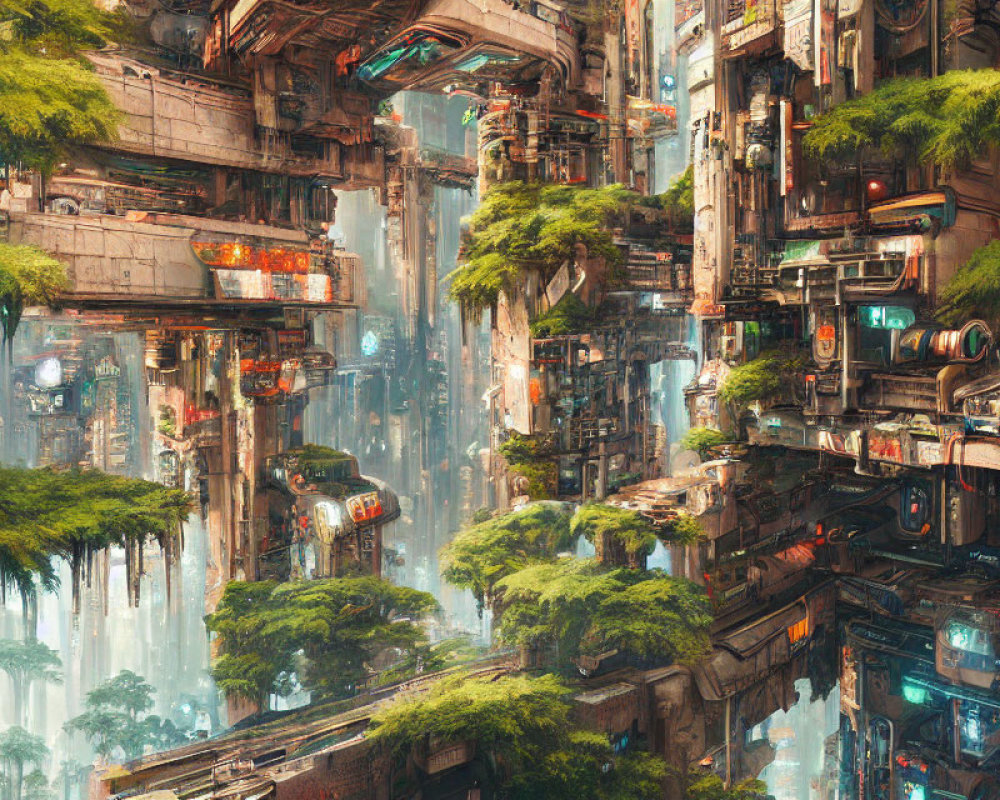 Futuristic urban cityscape with lush greenery and neon-lit towers