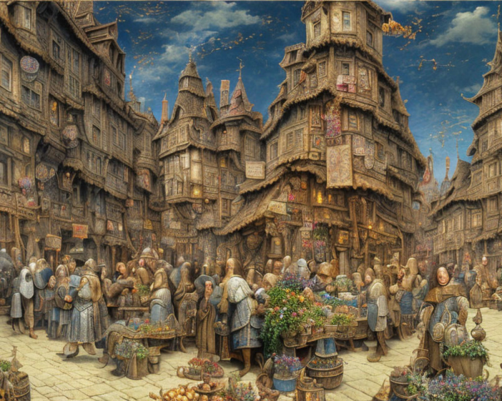 Medieval marketplace with townsfolk and flower stalls