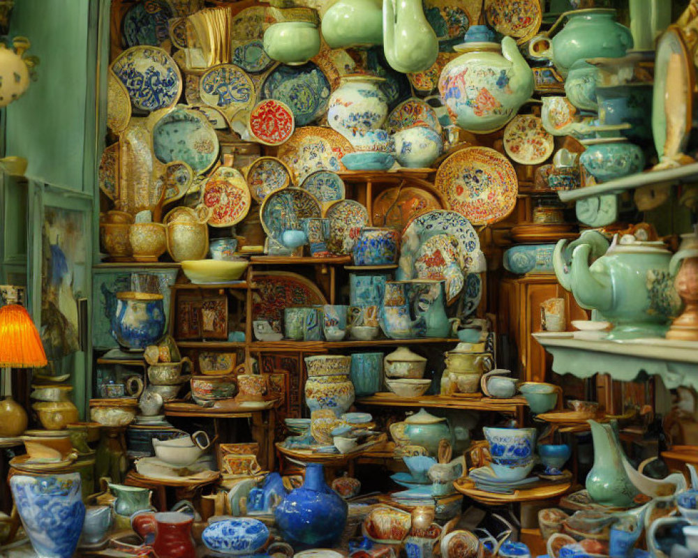 Colorful Antique Ceramics and Pottery: Plates, Vases, Bowls in Cozy Shop