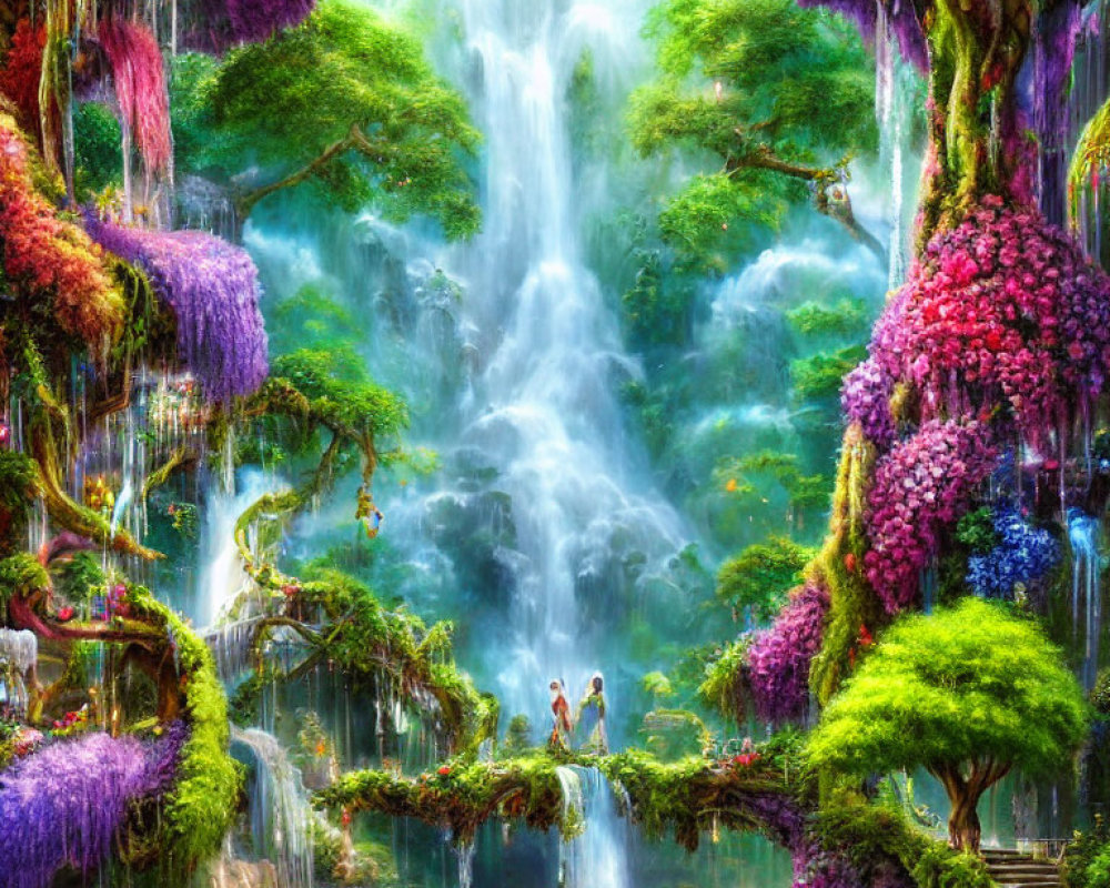 Majestic waterfall in vibrant fantasy landscape