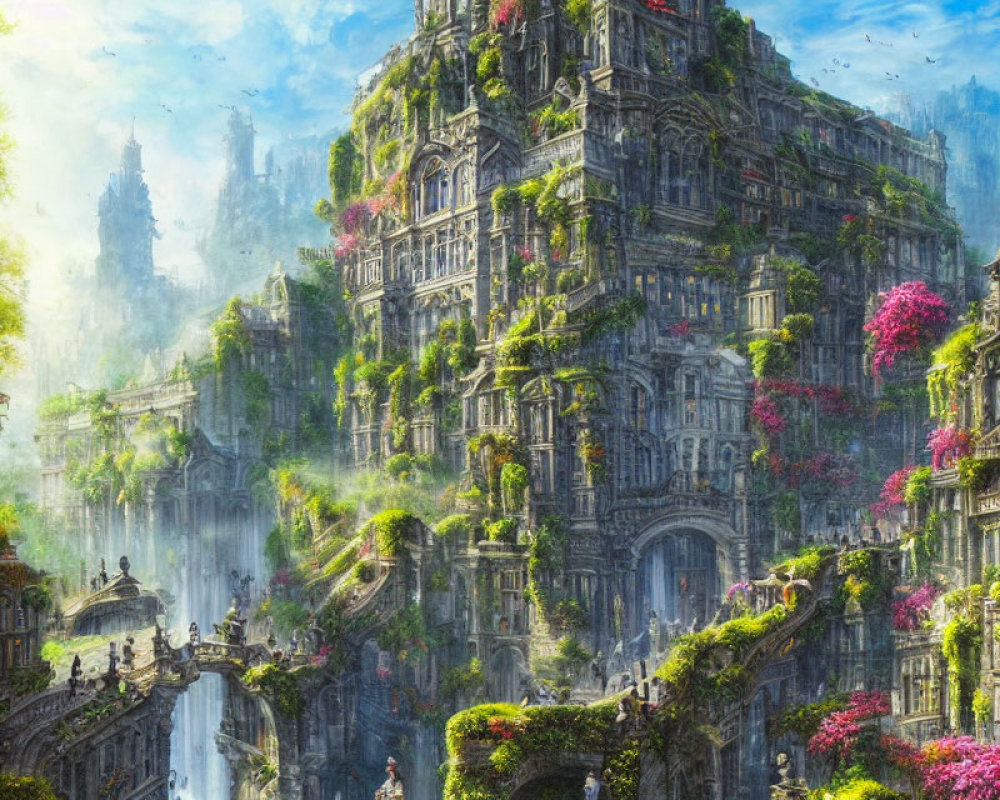 Fantasy city with lush greenery, cascading waterfalls, and vibrant flora
