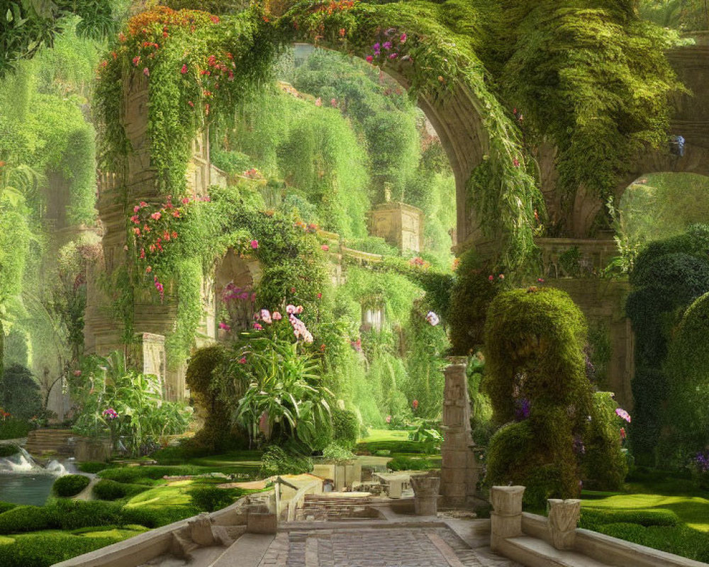 Serene pond and vibrant garden with archways and flowers