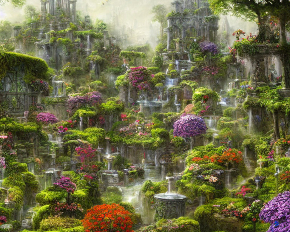 Lush landscape with waterfalls, greenery, flowers, and ancient ruins