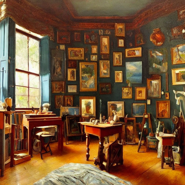 Classic Art Studio with Paintings, Easels, Table, and Window