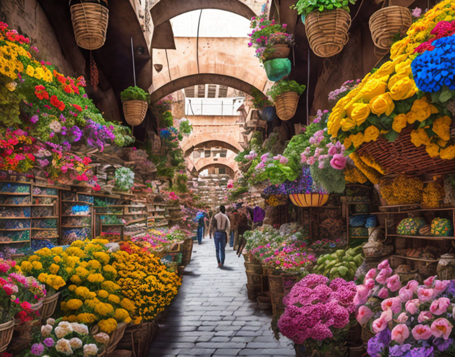 Vibrant flower market under arched stone ceiling