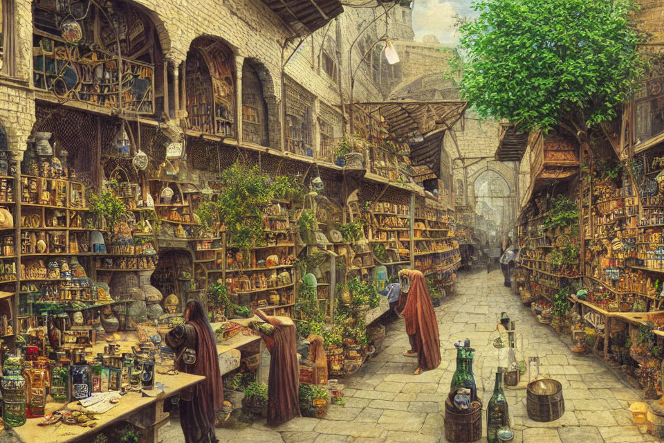 Enchanting marketplace with books, potions, and plants under lantern-lit stalls