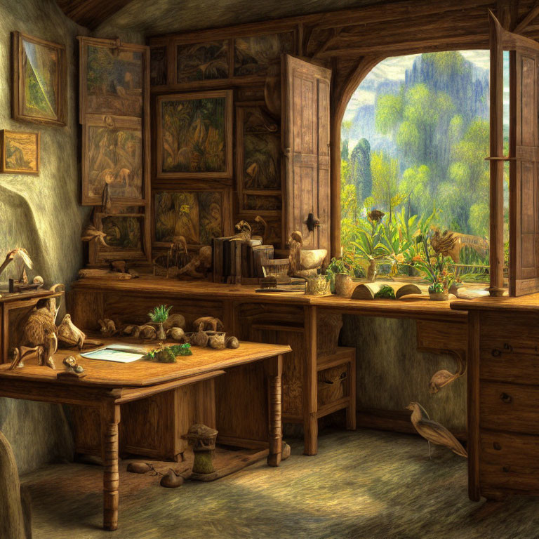 Rustic artist's studio with paintings, sculptures, plants, and supplies overlooking vibrant landscape