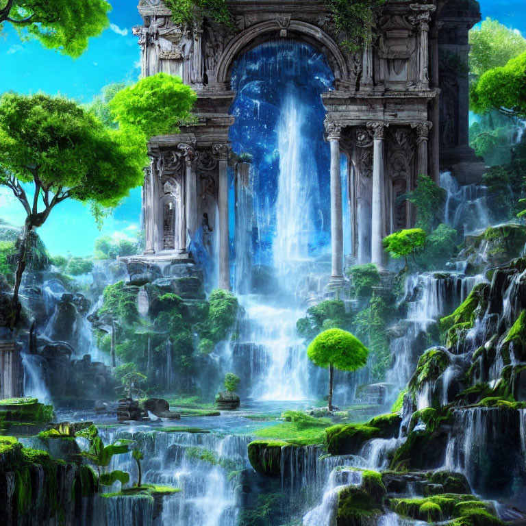 Mystical waterfall flowing through ancient stone archway in lush fantasy landscape
