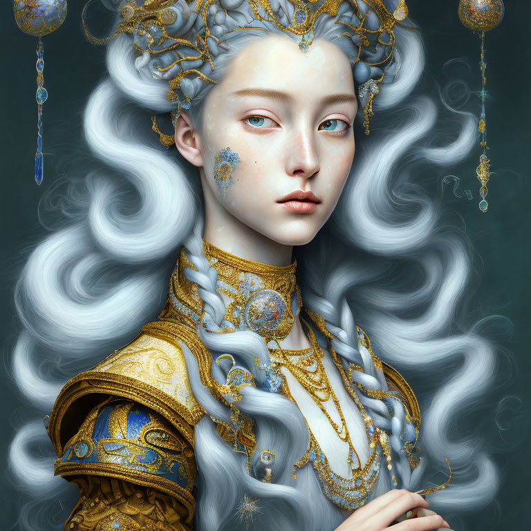 Ethereal digital artwork of woman with pale skin and elaborate gold headpiece