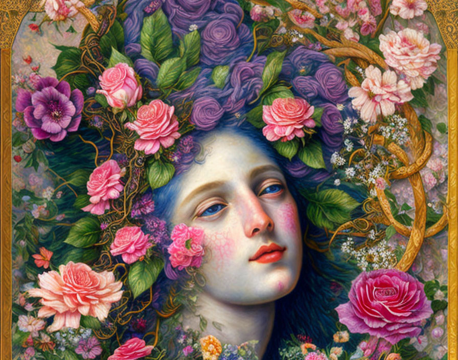 Detailed illustration of woman's face in lush floral setting