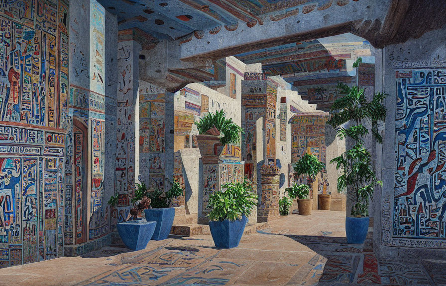 Intricate hieroglyphic murals in vibrant hallway