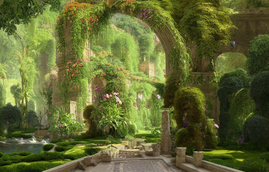 Serene pond and vibrant garden with archways and flowers
