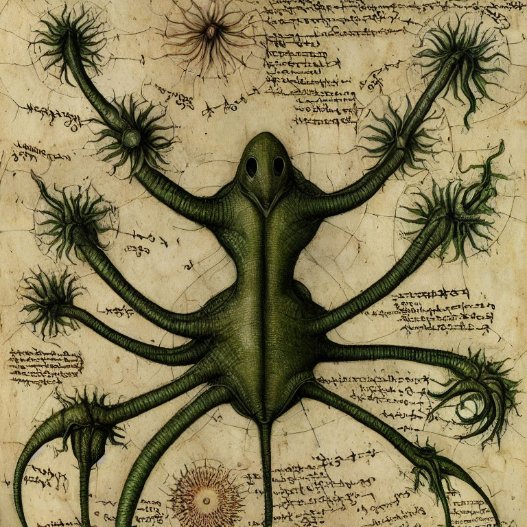 Illustrated octopus-like creature with spread tentacles on ancient manuscript.