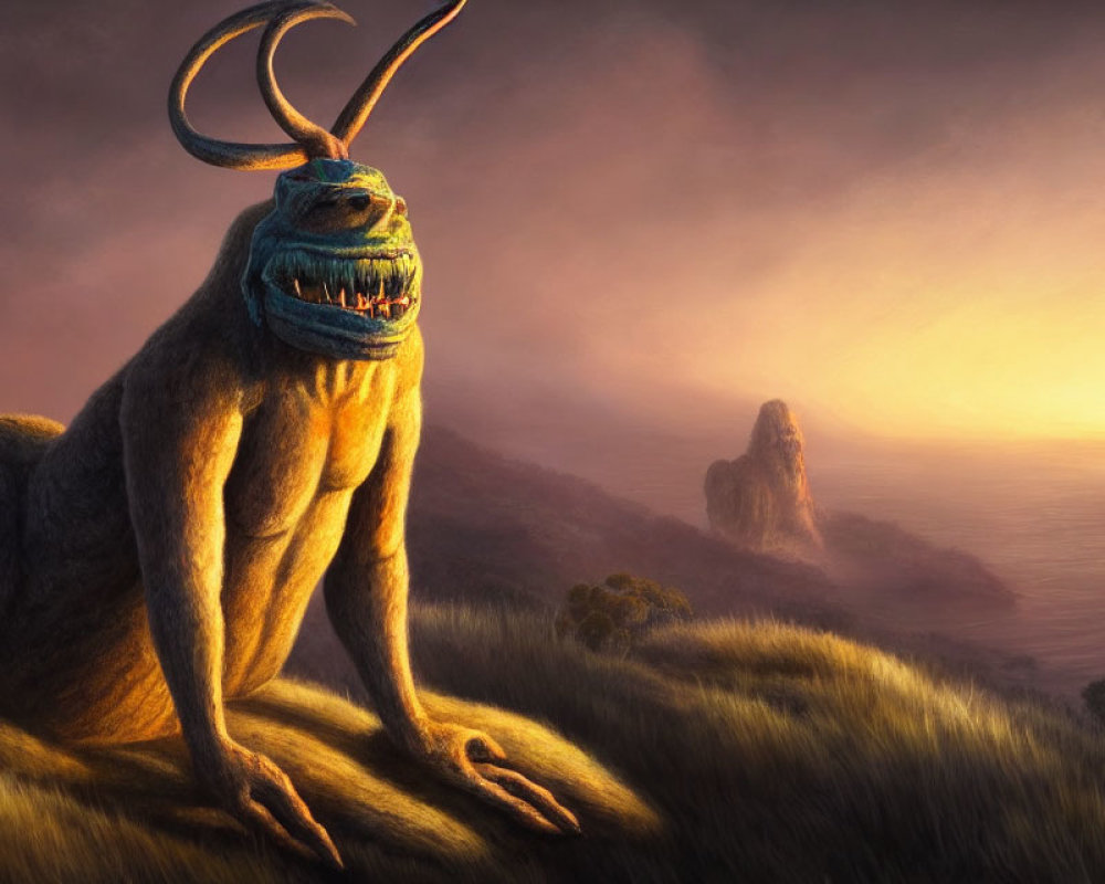 Horned creature on grassy hill at sunset
