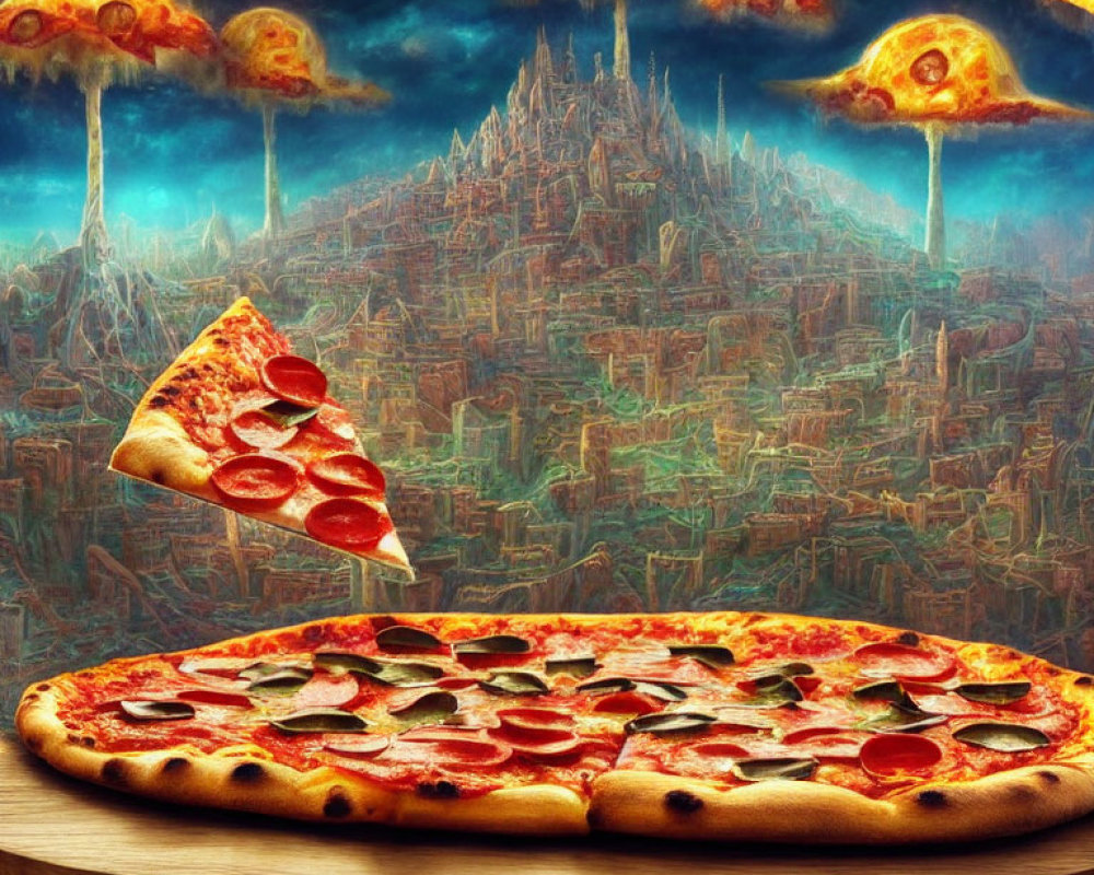 Surreal cityscape backdrop with floating pizza slices and giant pepperoni pizza