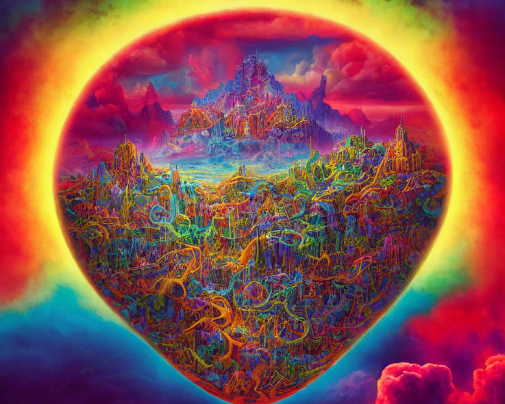 Vividly colored surreal landscape with intricate details in circular rainbow aura