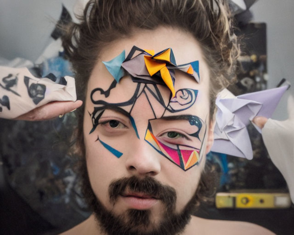 Cubist-inspired facial painting with origami birds and serious expression