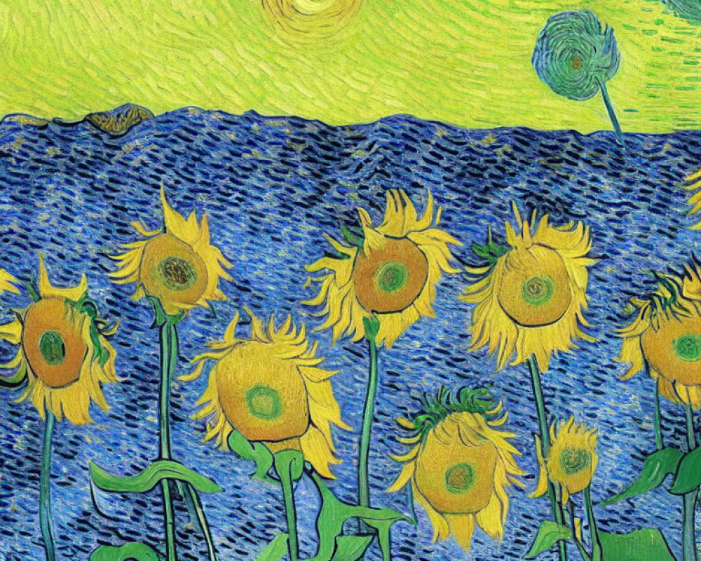 Colorful sunflower painting with swirling yellow sky and blue background