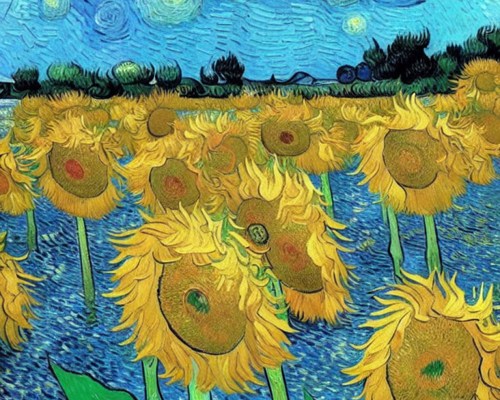 Impressionist-style painting of sunflowers under starry sky