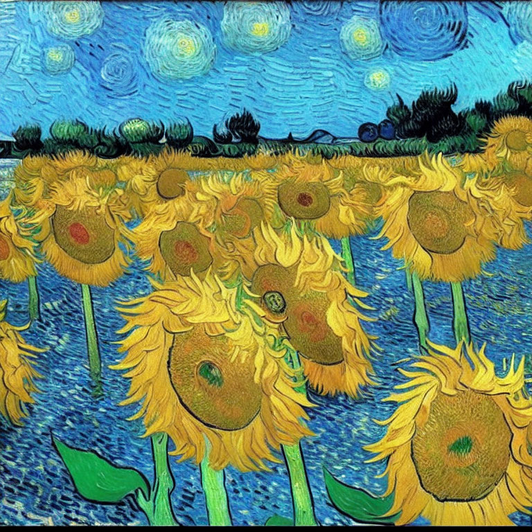 Impressionist-style painting of sunflowers under starry sky