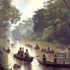 Indigenous people in canoes navigating lush river scene