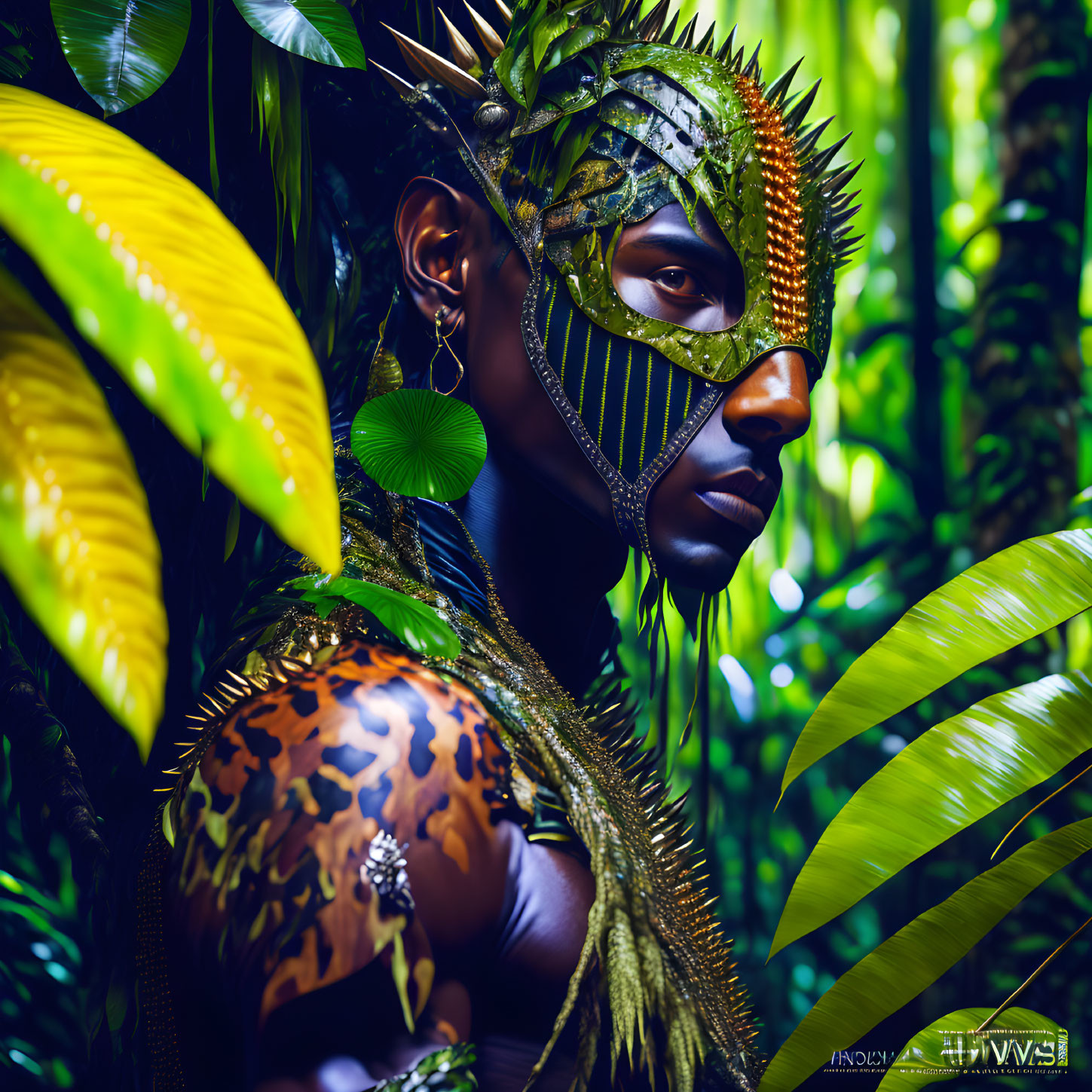 Person with green and gold tribal makeup and ornate mask among lush foliage