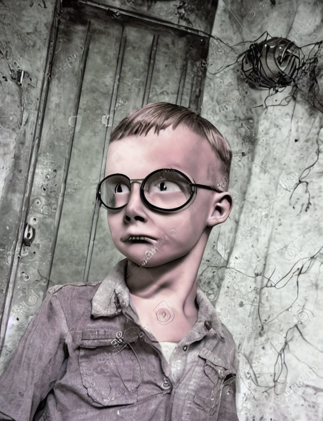 Stylized image of boy with large glasses in front of grunge metal door