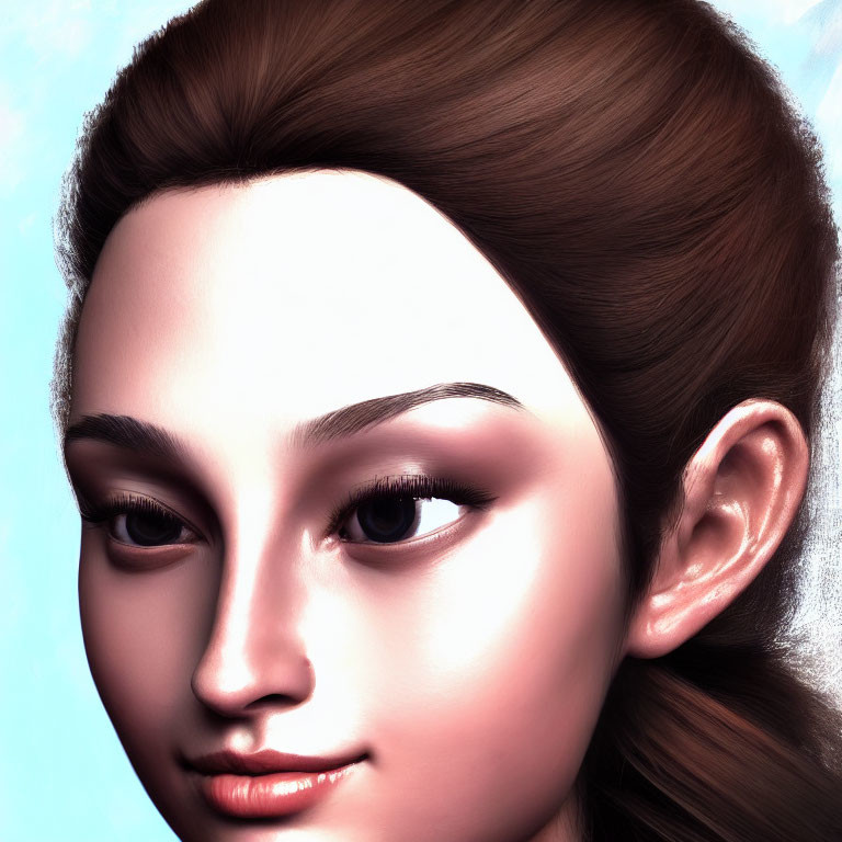 Detailed 3D Rendered Female Face with Brown Hair on Light Blue Background
