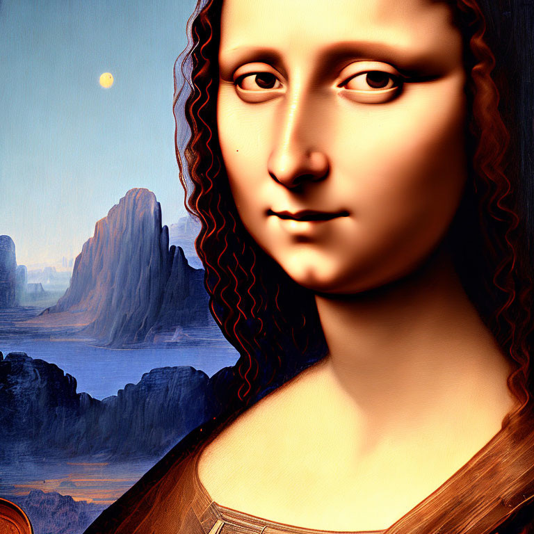 Close-up of Mona Lisa's face with surreal landscape and sharp rock formations.