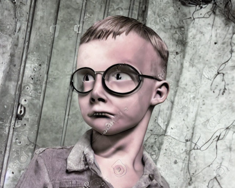 Stylized image of boy with large glasses in front of grunge metal door