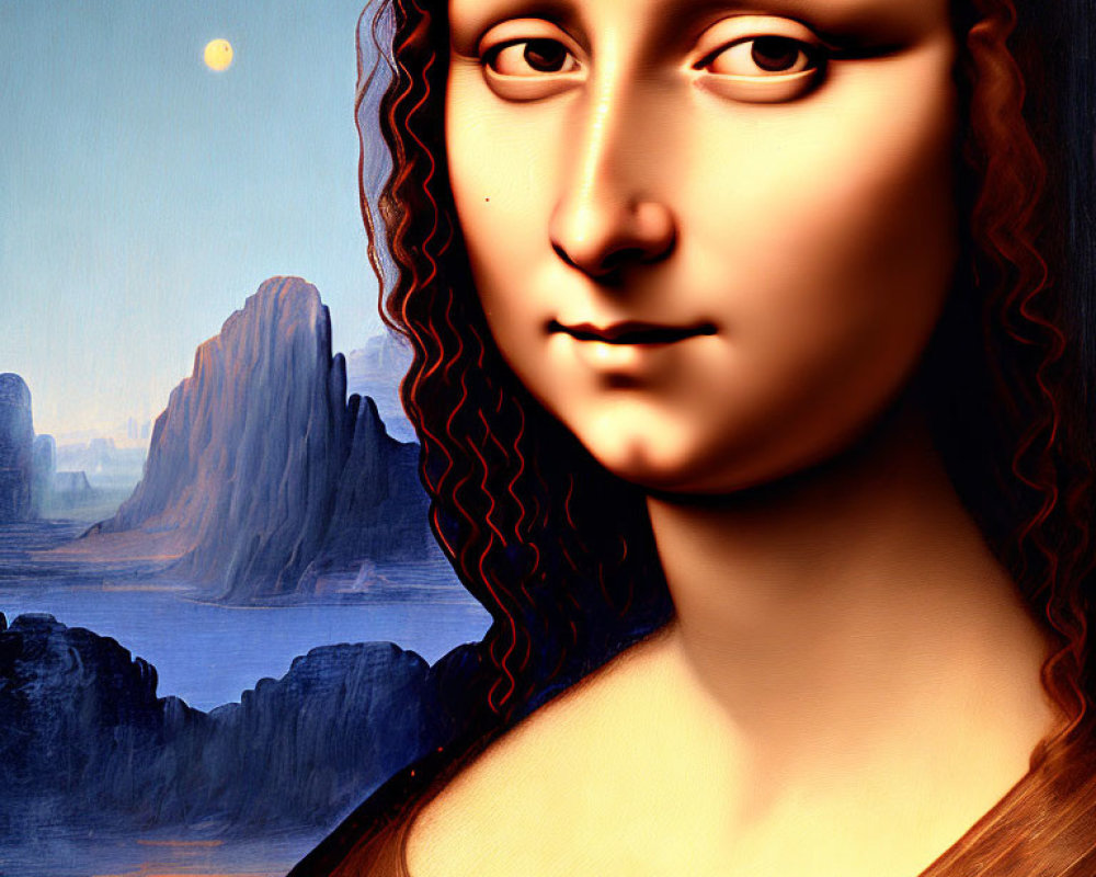 Close-up of Mona Lisa's face with surreal landscape and sharp rock formations.