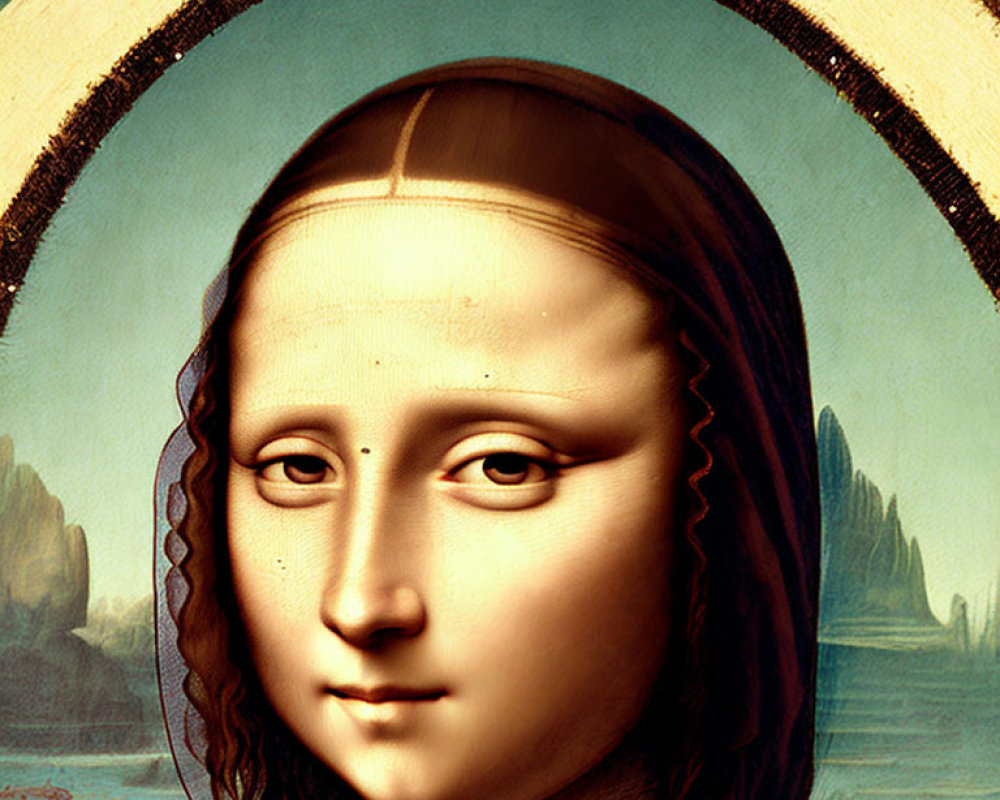 Detailed Close-Up of Mona Lisa's Serene Face Against Landscape Background