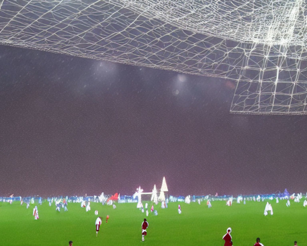 Digitally altered soccer match image with surreal spiderweb overlay and unique lighting effects