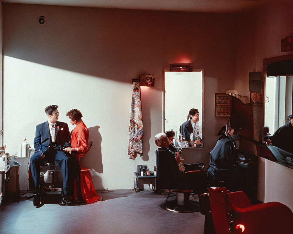 Vintage Barbershop Scene with Woman Styling Hair, Red Chairs, Mirrors, Warm Ambiance