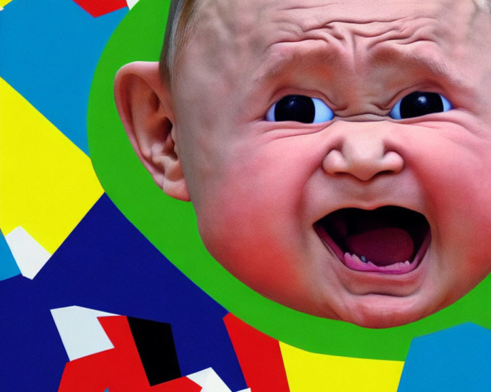 Distressed baby with wrinkled forehead on colorful geometric backdrop