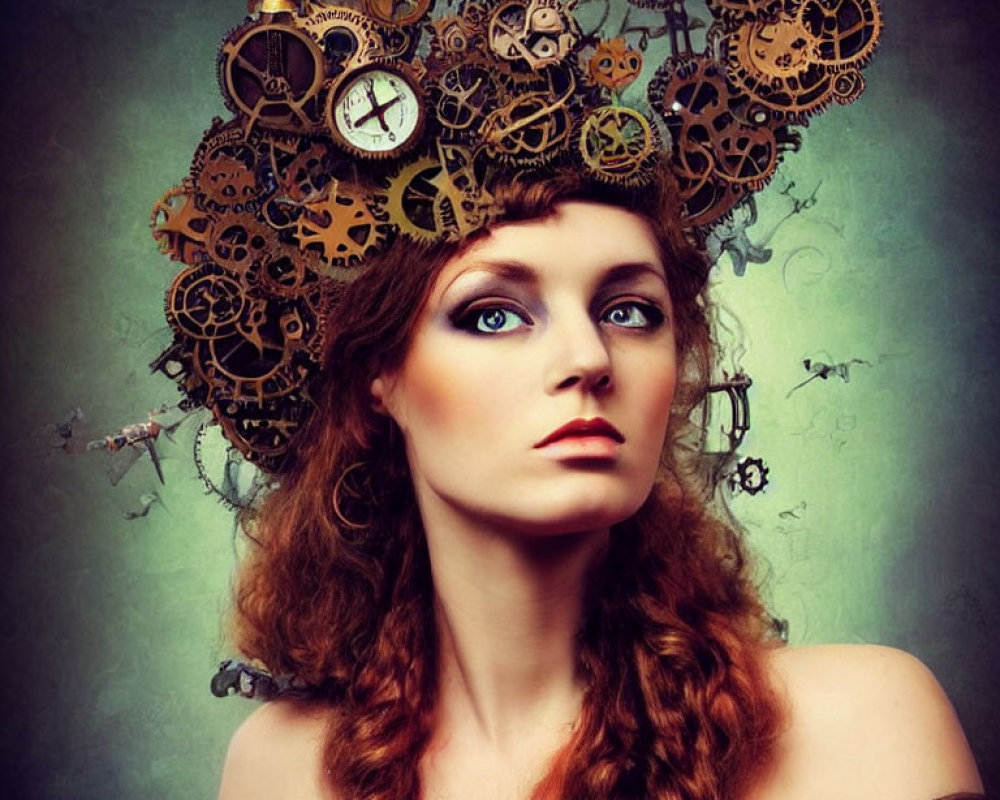 Woman with Steampunk Gear Headpiece in Thoughtful Pose