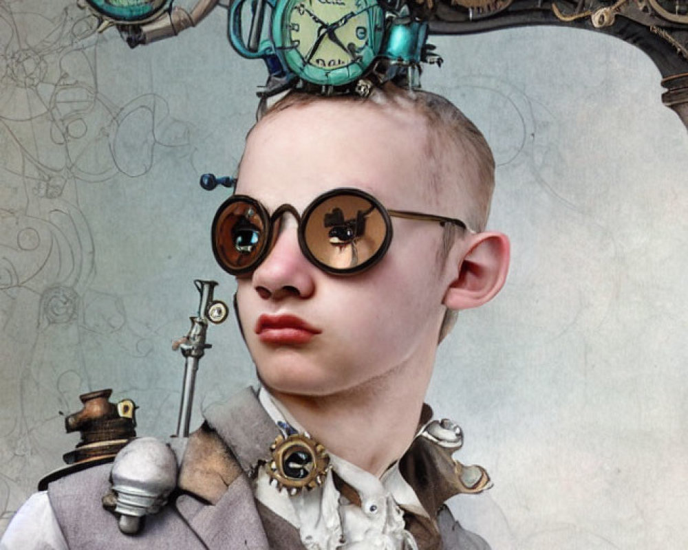 Steampunk-style boy illustration with goggles and clock-adorned hat.