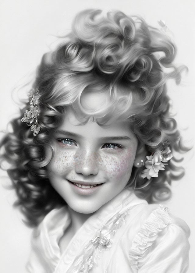 Monochrome portrait of a smiling girl with curly hair and floral accessories
