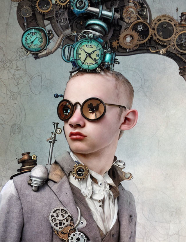 Steampunk-style boy illustration with goggles and clock-adorned hat.