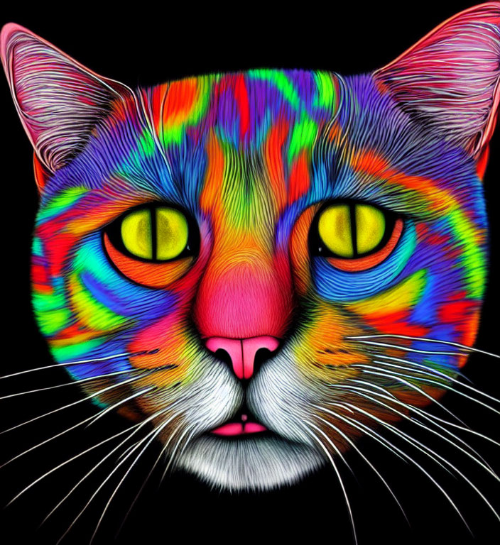 Colorful Rainbow Cat Face Artwork with Yellow Eyes on Black Background