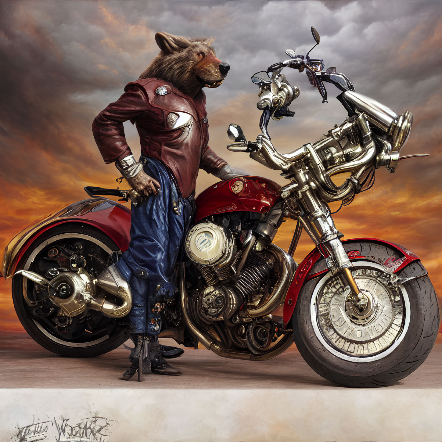 Anthropomorphic raccoon in red leather jacket next to custom motorcycle