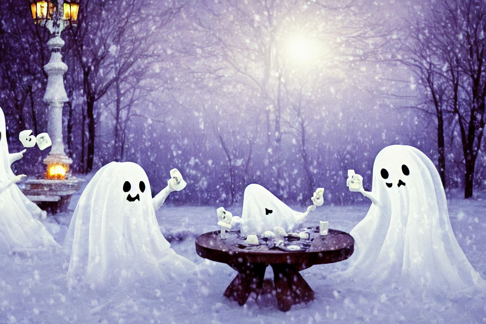 Ghostly figures in snowy park scene under street lamp