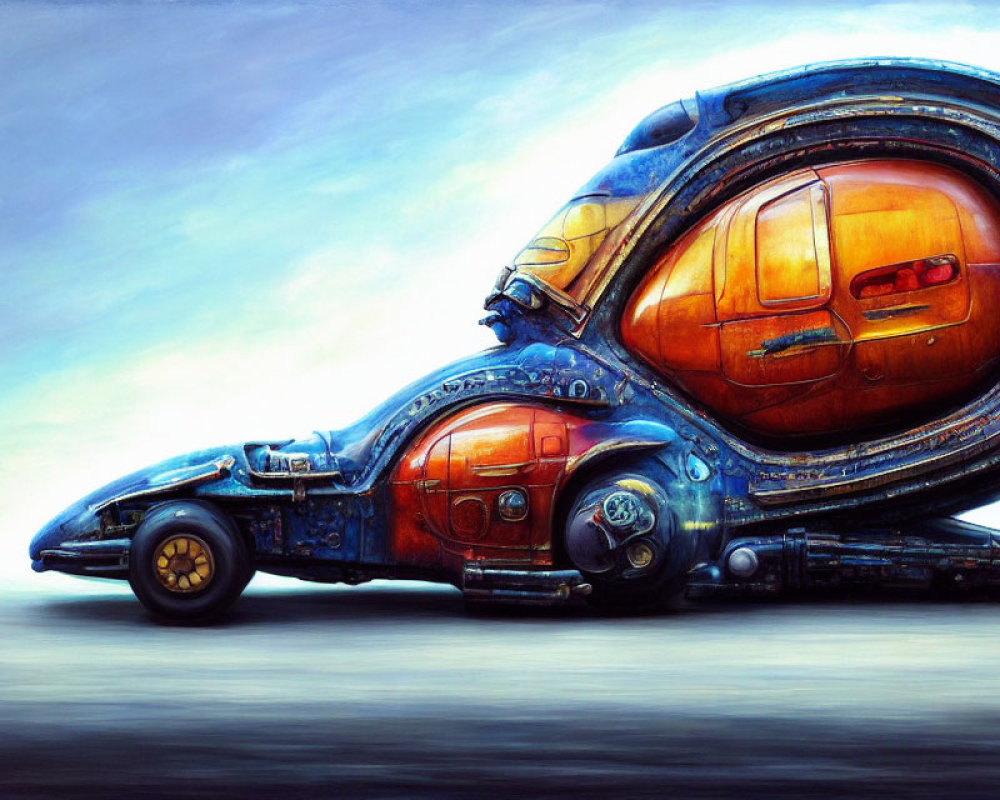 Surreal painting of car with snail-shell structure in vibrant colors