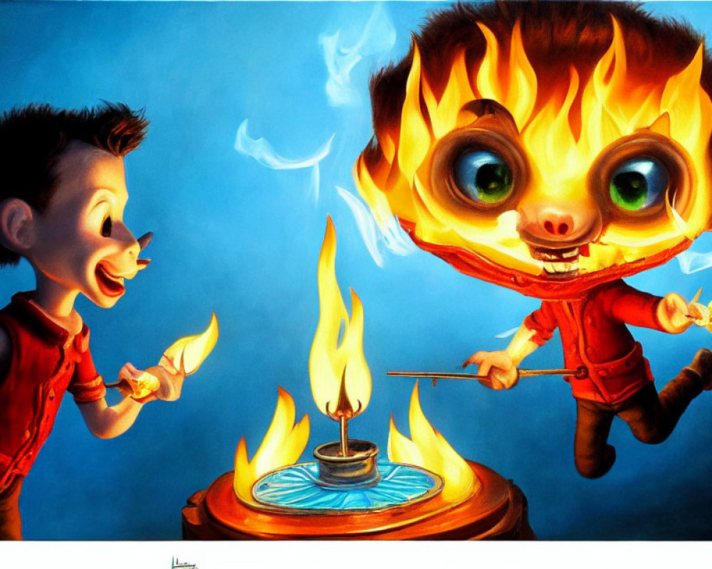 Cartoon characters with fiery hair and exaggerated expressions over blue spirit stove