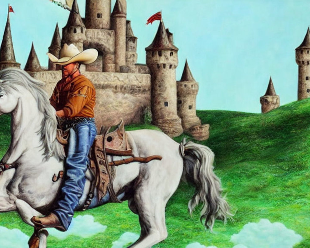 Cowboy riding unicorn in front of fantastical castle landscape