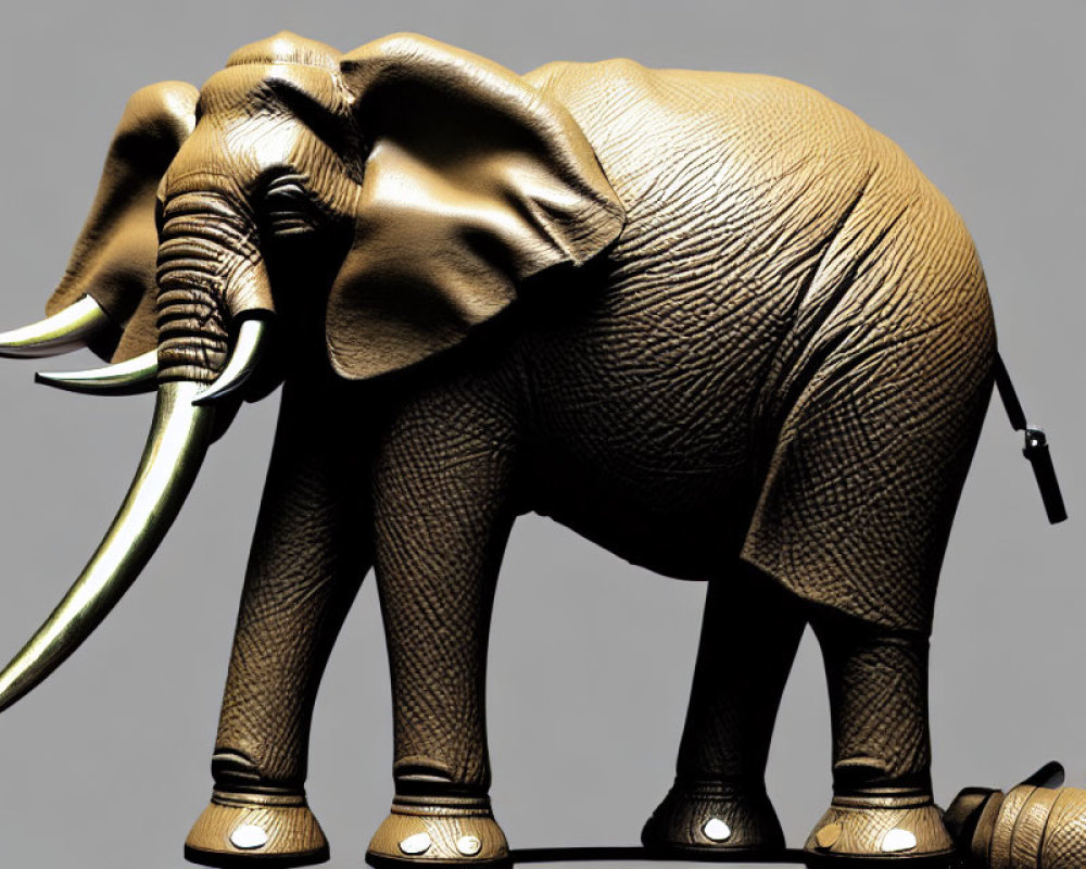 Detailed Golden Elephant Artwork with Ivory Tusks on Grey Background