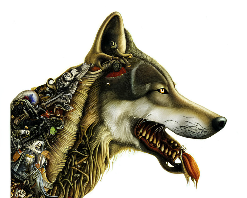 Illustrative artwork: Wolf with cybernetic left side