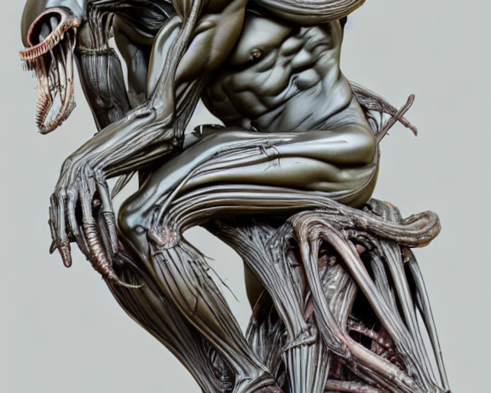 Sculptural art piece of humanoid figures with elongated limbs in metallic finish