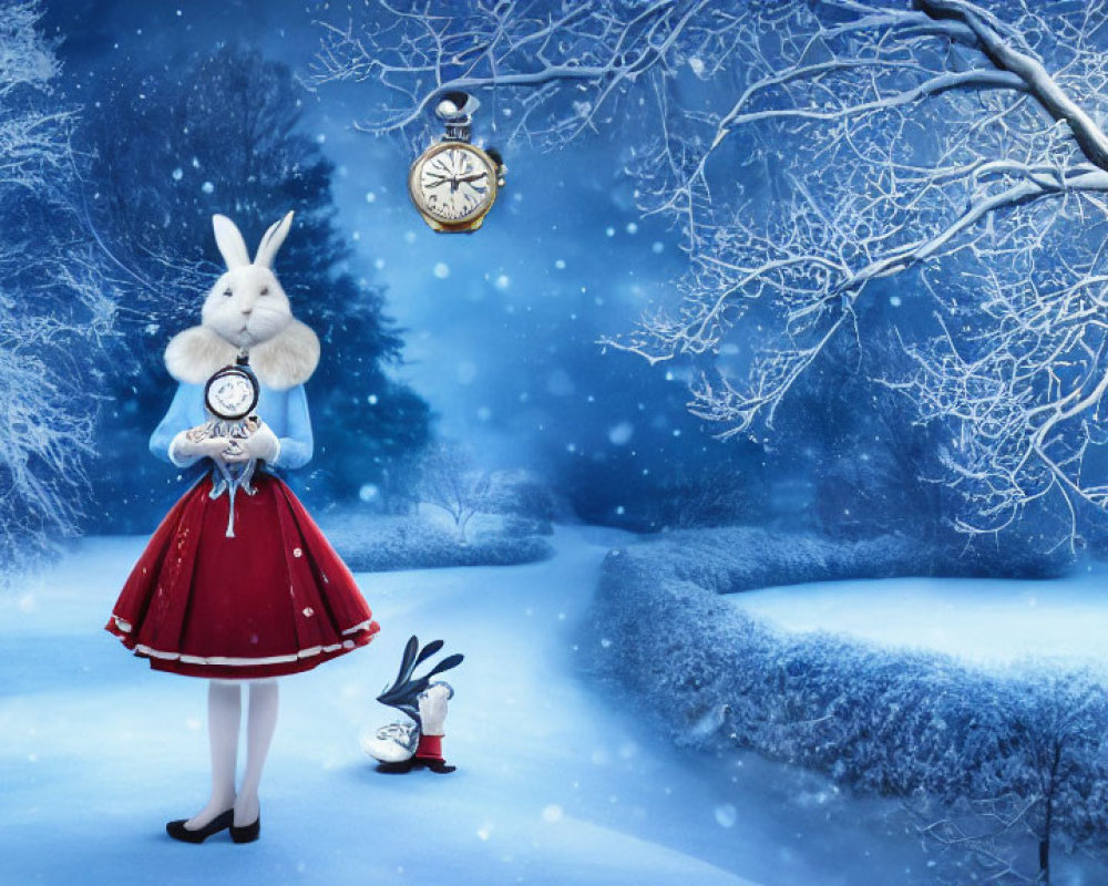 Whimsical winter scene with human-sized rabbit, small rabbit, and floating clocks
